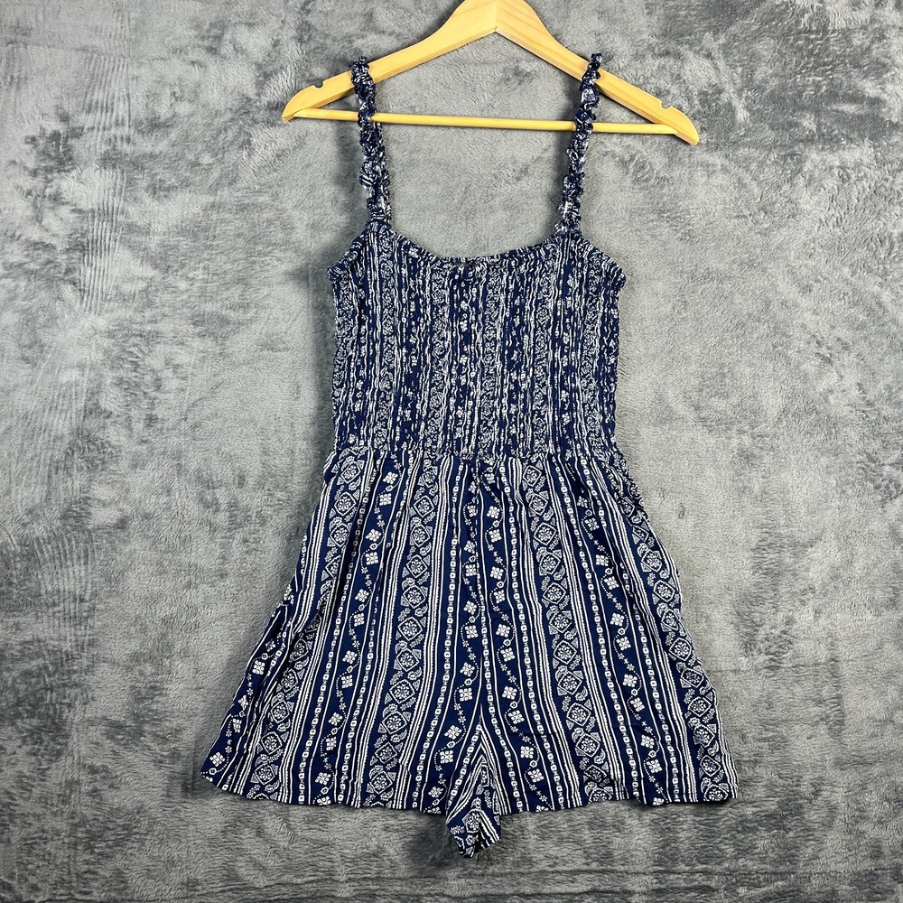 Lily Rose Romper Womens 2XL Blue Floral Stripe Smocked Ruffled Straps Bohemian